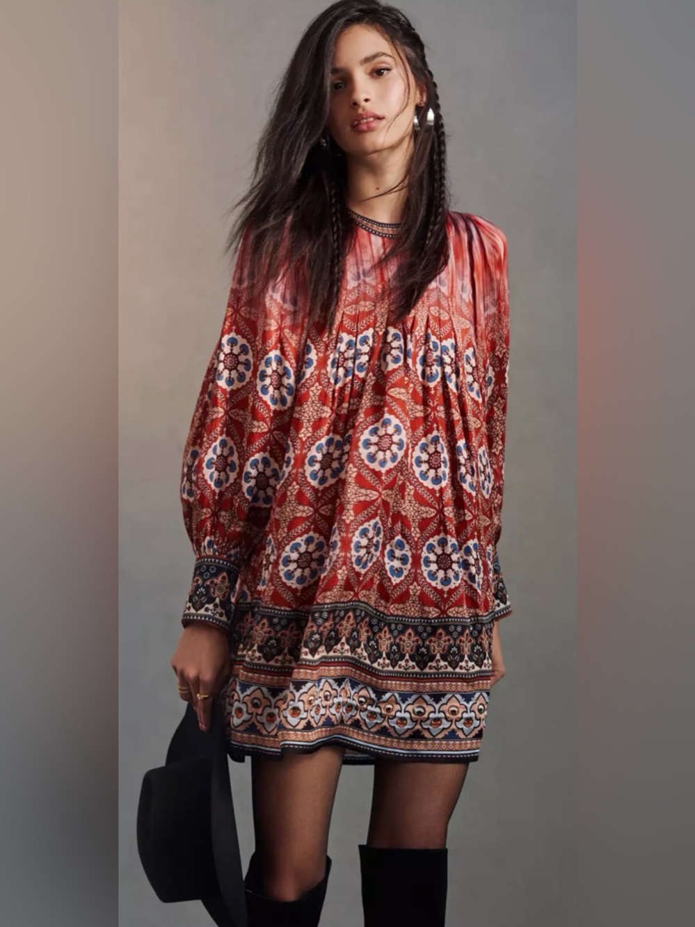 Anthropologie Tanvi Kedia Rust Printed Lined Viscose Boho Mini Dress XL